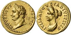 Roman Coins Divus Titus Aureus 82-83, AV 20 mm, 7.70 g. DIVVS TITVS – AVGVSTVS Laureate head l. Rev. IVLIA AVGVSTA DIVI TITI F Draped bust of Julia l. C –. BMC Domitian 69 note. RIC1 Domitian 216a. RI