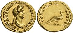 Roman Coins Domitia, wife of Domitian Aureus 88-89 (?), AV 21 mm, 7.71 g. DOMITIA AVG IMP DOMITIAN AVG GERM Draped bust r. Rev. CONCORDIA – AVGVST Peacock r. C 4. BMC Domitian 249. RIC Domitian 678. C