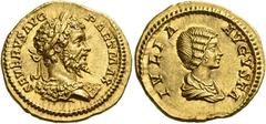 Roman Coins Septimius Severus, 193 – 211 Aureus 201, AV 20 mm, 7.34 g. SEVERVS AVG – PART MAX Laureate bust r., lion's skin over shoulders. Rev. IVLIA – AVGVSTA Draped bust of Julia Domna r. C 1. BMC 