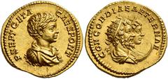 Roman Coins Geta caesar, 198 – 209 Aureus 201, AV 21 mm, 7.23 g. P SEPT GETA – CAES PONT Bareheaded, draped and cuirassed bust r. Rev. CONCORDIAE AETERNAE Jugate busts r. of Severus, radiate and drape
