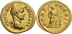 Roman Coins Geta caesar, 198 – 209 Aureus 209, AV 21 mm, 7.18 g. P SEPTIMIVS – GETA CAES Bare headed, draped and cuirassed bust r. Rev. PONT – I – F COS II Female figure standing to front, head r., ho