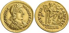 Roman Coins Constantine III, 407 – 411 Solidus, Lugdunum 407-408, AV 21 mm, 4.47 g. D N CONSTAN – TINVS P F AVG Laureate and rosette-diademed, draped and cuirassed bust r. Rev. VICTORIA – AA AVGGGG Em