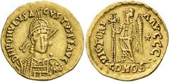 Roman Coins Romulus Augustus, 31st October 475 – 4th September 476 Solidus, Mediolanum 475-476, AV 20 mm, 4.42 g. DN ROMVLVS A – GVSTVS P F AVG Helmeted, pearl-diademed and cuirassed bust three-quarte