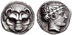 Greek Coins Rhegium Tetradrachm circa 415-400, AR 16.71 g. Lion mask. Rev. PHΓINON Laureate head of Apollo r.; behind, two olive leaves. SNG Fitzwilliam 850 (these dies). Kraay-Hirmer 288 (this revers