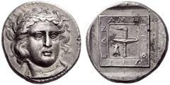 Greek Coins Amphipolis Tetradrachm circa 366-365, AR 14.09 g. Laureate head of Apollo, facing three-quarters r., hair flowing at sides of face. Rev. AMΦ - IΠO - ΛIT - EΩN around raised square frame wi