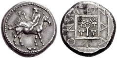 Greek Coins Mende Tetradrachm circa 450-425, AR 17.17 g. Elderly Dyonisus, wearing ivy wreath and himation , reclining on mule’s back l., holding cantharus with r. hand and resting l. on the animal's 