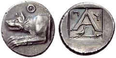Greek Coins Argolis, Argos Triobol circa 270-250, AR 2.57 g. Forepart of wolf l., above, Θ. Rev. Large A flanked by Π - Υ; below, eagle standing r. over harpa. All within incuse square. BMC 79. BCD Pe
