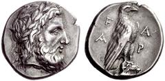 Greek Coins Elis Stater circa 340, 110th Olympiad, AR 12.20 g. Laureate head of Zeus r. Rev. F – A / A – P Eagle, with closed wings, perched r. on the head of a ram. Kraay-Hirmer pl. 158, 505 (these d