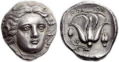 Greek Coins Rhodes Tetradrachm circa 380, AR 15.23 g. Head of Helios facing three-quarters r. Rev. ΡOΔ – ION Rose with bud to l.; in r. field, barley ear and in l. field, F. All within incuse square. 