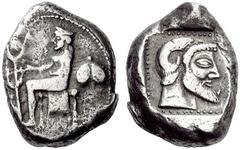 Greek Coins Cyrene Tetradrachm circa 520, AR 17.20 g. The city-goddess Cyrene, wearing stephane and a long chiton , seated l. on diphros , her r. hand reaching out to a plant of sylphium ; behind, syl