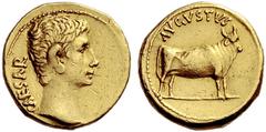 The Roman Empire Octavian as Augustus, 27 BC – 14 AD Aureus, Samos (?) circa 21-20 BC, AV 7.90 g. CAESAR Bare head r. Rev. AVGVSTVS Young bull standing r. Bahrfeldt 138 (this coin illustrated on p. 12