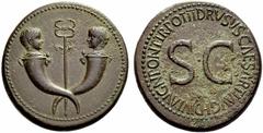 The Roman Empire In the name of Drusus, son of Tiberius Sestertius circa 22-23, Æ 28.33 g. Confronted heads of two little boys emerging from crossed cornucopiae with caduceus between. Rev. DRVSVS CAES