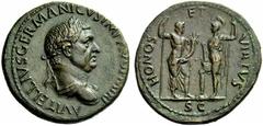 The Roman Empire Vitellius, January – December 69 Sestertius late April-December 69, Æ 27.01 g. A VITELLIVS GERMANICVS IMP AVG P M TR P Laureate and draped bust r. Rev. HONOS ET VIRTVS Honos, bare fro