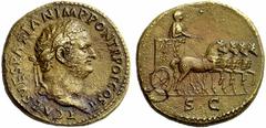 The Roman Empire Titus caesar, 69 – 79 Sesterius 72, Æ 25.76 g. T CAES VESPASIAN IMP PONT TR POT COS II Laureate head r. Rev. Titus standing r. in triumphal quadriga, holding branch and sceptre; the s