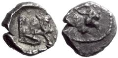 A very interesting collection of coins of the Jews and the Southwestern Levant Samarian Coinage Half Ma‘eh / “Hemiobol”, Samaria, mid-fourth century BC, AR 0.38 g. Head of horned mythological animal –