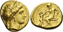 Greek Coins Calabria, Tarentum. Stater circa 333-331/0, AV 17 mm, 8.52 g. T[APA] Veiled and diademed head of Hera r., wearing earring and necklace; below chin, dolphin swimming downwards. Behind neck,