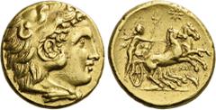 Greek Coins Calabria, Tarentum. Stater circa 281-276, AV 18 mm, 8.54 g. Head of youthful Heracles r., wearing lion's skin headdress. Rev. Young man (Taras ?) in prancing biga r., holding trident and r