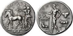 Greek Coins Selinus. Tetradrachm circa 450, AR 27 mm, 17.48 g. ΣΕΛΙΝΟ – Ν – ΤΙ – ΟΣ retrograde Slow quadriga l. in which stand Apollo and Artemis, shooting arrow and holding reins respectively. Rev. Σ