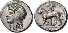 Greek Coins The Carthaginians in Italy, Sicily, Sardinia and North Africa. Tetradrachm, uncertain mint in Sicily circa 320, AR 26 mm, 17.02 g. Female head l., wearing oriental tiara with plain band be