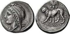 Greek Coins The Carthaginians in Italy, Sicily, Sardinia and North Africa. Tetradrachm, uncertain mint in Sicily circa 320, AR 26 mm, 16.80 g. Female head l., wearing oriental tiara with plain band be
