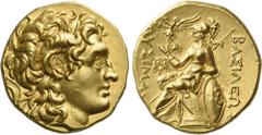 Greek Coins Kings of Thrace, Lysimachus, 323 – 281 and posthumous issues. Stater, Uncertain mint 306-281, AV 19 mm, 6.53 g. Diademed head of deified Alexander r. with the horn of Ammon. Rev. ΒΑΣΙΛΕΩΣ 
