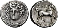 Greek Coins Thessaly, Larissa. Didrachm 350-300, AR 24 mm, 12.22 g. Head of the nymph Larissa facing three-quarters l., wearing ampyx, earring and necklace. Rev. ΛAPI – Σ / AIΩN Bridled horse advancin