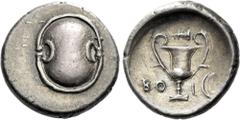 Greek Coins Boeotia, Thebes. Hemidrachm circa 395-340, AR 15 mm, 2.79 g. Boeotian shield. Rev. BO – I Cantharus: above, club and in r. field, crescent. All within incuse circle. SNG Lewis 649. BCD Boi