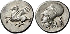 Greek Coins Corinthia, Corinth. Stater circa 345-307, AR 21 mm, 8.55 g. Pegasus flying l.; below, koppa. Rev. Head of Athena l., wearing wreathed Corinthian helmet; behind, eagle. Below, A – P. Ravel 