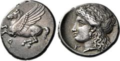 Greek Coins Corinthia, Corinth. Drachm circa 345-300, AR 14 mm, 2.68 g. Pegasus flying l.; below, koppa. Rev. Laureate head of Aphrodite left; below chin, Γ. BCD Korinth 149 var. (letter on reverse). 