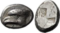 Greek Coins Paphlagonia, Sinope. Drachm circa 425-410, AR 17 mm, 6.14 g. Head of sea-eagle l.; [below, dolphin l.]. Rev. Quadripartite incuse square with two opposing quarters filled, K within one unf