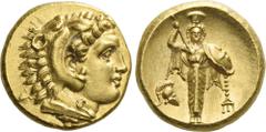 Greek Coins Pergamum. Stater circa 334-332, AV 17 mm, 8.60 g. Head of deified Alexander the Great r., wearing lion's skin headdress. Rev. Facing Palladium, wearing calathus on head and holding lance i