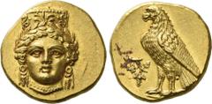 Greek Coins Troas, Abydos. Stater circa 330, AV 17 mm, 8.60 g. Facing head of Artemis, wearing an ornate stephanos decorated with acanthus leaves, triple pendant earrings and necklace. Rev. Eagle stan