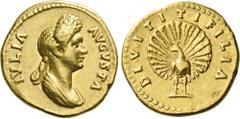 The Roman Empire Julia Titi, daughter of Titus. Aureus 88-89 (?), AV 20 mm, 7.72 g. IVLIA – AVGVSTA Draped bust r., hair in dome at top of head and in plait falling at neck. Rev. DIVI TITI FILIA Peaco