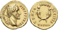 The Roman Empire Antoninus Pius augustus, 138 – 161. Aureus 149, AV 20 mm, 7.08 g. ANTONINVS AVG – PIVS P P TRP XII Laureate head r. Rev. TEMPORVM FELICITAS Crossed cornucopiae surmounted by busts of 