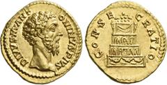 The Roman Empire Marcus Aurelius augustus, 161 – 180. Divus Marcus Aurelius. Aureus after 180, AV 21 mm, 7.11 g. DIVVS M ANT – ONINVS PIVS Bare head r. Rev. CONSE – CRATIO Four-storey funeral pyre gar