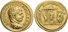 The Roman Empire Caracalla augustus, 198 – 217. Aureus 215, AV 20 mm, 6.99 g. ANTONINVS – PIVS AVG GERM Laureate, draped and cuirassed bust r. Rev. P M TR P XVIII COS IIII P P Caracalla standing l., s