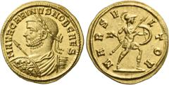 The Roman Empire Carinus caesar, 282 – 283. Aureus, Siscia circa 282, AV 19 mm, 4.60 g. M AVR CARINVS NOB CAES Laureate, draped and cuirassed bust l., holding a transverse spear and shield with horsem
