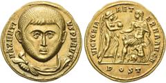 The Roman Empire Maxentius augustus, 307 – 312. Aureus, Ostia circa 310-312, AV 19 mm, 5.24 g. MAXENTI – VS P F AVG Bare-headed, draped and cuirassed bust facing. Rev. VICTORIA AET – ERNA AVG N Victor