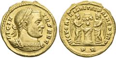 The Roman Empire Licinius I augustus, 308 – 324. Solidus 315, AV 17 mm, 4.23 g. LICIN – IVS AVG Laureate and cuirassed bust r. Rev. VICTORIAE LAETAE PRINC PERP Two Victories holding shield set on shor