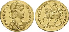 The Roman Empire Gratian, 367 – 383. Medallion of 1 ½ solidus, Treveri circa 375-378, AV 26 mm, 6.71 g. D N TGRATIA – NVS P F AVG Pearl-diademed, draped and cuirassed bust r. Rev. FELIX ADVEN – TVS AV