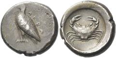 Greek Coins Sicily, Agrigentum Didrachm circa 488-478, AR 19 mm, 8.87 g. AKRA Eagle standing l., with folded wings. Rev. Crab. SNG Fitzwilliam 904. SNG Copenhagen 26. Westermark, Akragas, 212. Lovely 
