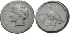 Greek Coins Sicily, Agrigentum Hemilitra circa 400-380, Æ 26 mm, 16.84 g. AKΡAΓAΣ Diademed head of young river-god Akragas l., with short horn. Rev. Eagle, with closed wings, standing l. on Ionic capi