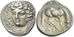 Greek Coins Larissa Drachm circa 365-340, AR 19 mm, 6.05 g. Head of the nymph Larissa facing three quarters l., wearing ampyx and necklace. Rev. ΛA[PIΣ] – AIΩN Horse preparing to roll r. BCD Thessaly 