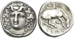 Greek Coins Larissa Drachm circa 365-340, AR 19 mm, 6.10 g. Head of the nymph Larissa facing three quarters l., wearing ampyx and necklace. Rev. [Λ]APIΣ – AIΩN Horse preparing to roll r. BCD Thessaly 