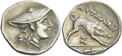 Greek Coins Aetolia, Aetolian Confederacy Triobol circa 239-229, AR 15 mm, 2.45 g. Head of Aetolus r., wearing causia. Rev. AITΩΛΩN Boar r.; below, Σ. In exergue, [AI] and spear-head. Tsangari 519. BC