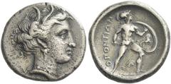 Greek Coins Locri, Locri Opuntii Triobol or hemidrachm, circa 330, AR 15 mm, 2.78g. Wreathed head of Demeter r. Rev. OΠONTIΩN Ajax advancing to r., between his legs crest of helmet to l. Symbol inside