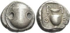Greek Coins Boeotia, Thebes Stater circa 425-400, AR 20 mm, 12.11 g. Boeotian shield with club across upper half. Rev. Θ – E Amphora with fluted shoulders. SNG Lockett 1744. SNG Berry 595. BCD Boiotia