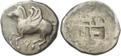 Greek Coins Corinthia, Corinth Stater circa 560, AR 23 mm, 8.26 g. Pegasus flying l.; below, koppa. Rev. Swastika pattern incuse. Ravel 31. BCD Korinth –. Rare. Old cabinet tone, several marks on reve