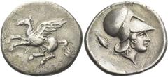 Greek Coins Corinthia, Corinth Stater circa 400-375, AR 24 mm, 7.86 g. Pegasus flying l.; below, koppa. Rev. Head of Athena r., wearing Corinthian helmet; in l. field, scorpion fish. Ravel 603. Calcia