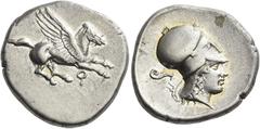 Greek Coins Corinthia, Corinth Stater circa 400-375, AR 22 mm, 8.47 g. Pegasus flying r.; below, koppa. Rev. Head of Athena r., wearing Corinthian helmet; in l. field, lituus. Calciati, Pegasi 222. BC